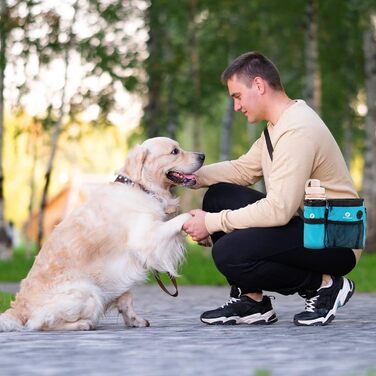Сумка для корму для собак 2-в-1 з пляшкою води та диспенсером для пакетів, чорно-зелена/блакитна