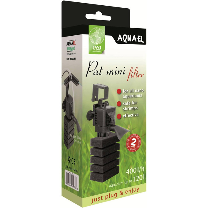 Фільтр для акваріума AQUAEL PAT MINI з губкою для креветок, білий, до 120 л, 230 г