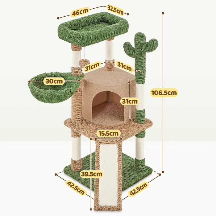 Дім-когтеточка для котів Yaheetech Kaktus: стабільна конструкція, оглядові платформи, печера, лежанка, сизаль, бежево-коричневий (коричнево-зелений, M)
