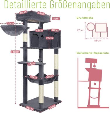 Котячий комплекс LEEJARD XXL: великий дерев'яний будиночок для котів з платформами, когтеточками, будиночком, гамаком, іграшками та захистом від перекидання (148 см, темно-сірий)