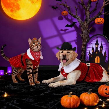 Костюм ковбоя для домашніх тварин: одяг для собак та котів, набір з костюмом, банданою та міні-ковбойським капелюхом, червоний, розмір M