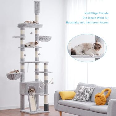 Котячий будиночок Hey-brother Kratzbaum: регульований котячий комплекс 250-280 см, до стелі, для великих котів, з гніздом, сірий, 0MPJ091W