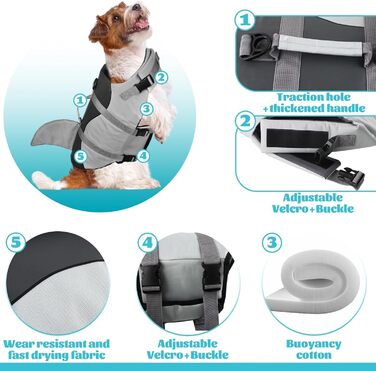 Жилет для плавання собак, жилет для тварин у вигляді акули, жилет для собак (S)