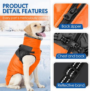 Зимовий теплий пуховик для собак, водонепроникний та вітронепроникний, з інтегрованим шлейкою, світловідбиваючими елементами та блискавкою - ідеальний для холодної погоди та снігу (Помаранчевий, S)