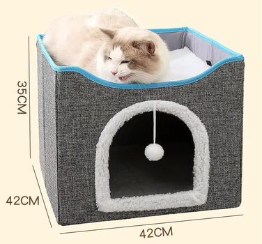 Будиночок для котів Fluffy Paws Store – велика м'яка котяча нора для домашніх котів з підвішеним пухнастим м'ячем і кігтеточкою, складаний кішковий будинок 41,9x41,9x33 см, сірий