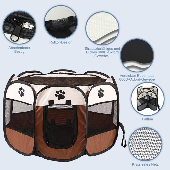 Переносний загін для тварин: загін для собак, вольєр для кошенят, кроликів. Водонепроникний вольєр з оксфордської тканини для дому та вулиці. Колір: коричневий