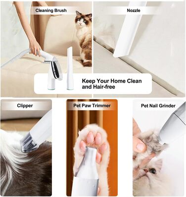 Набір для догляду за шерстю домашніх тварин: пилосос, видалення шерсті, 7-в-1 інструменти + професійна машинка для стрижки. Підходить для всіх пухнастих улюбленців (білий)