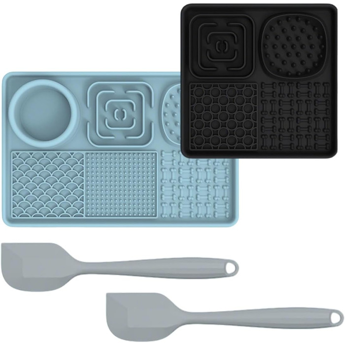 Лежанка-заспокійник для собак Bibykivn Schleckmatte з присосками для купання, догляду та дресирування. Антистресова годівниця для собак та котів (синьо-чорна, прямокутна+квадратна 3)