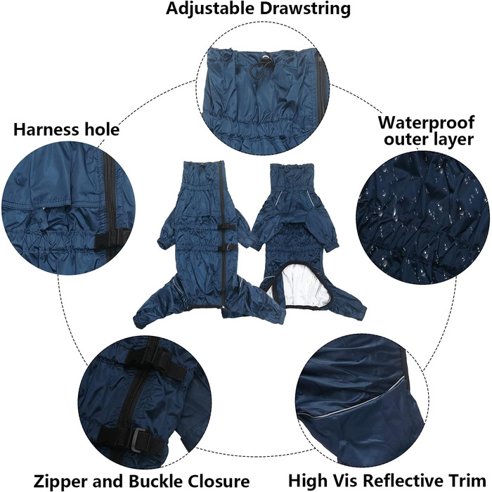 Дощовик для собак на 4 лапи, комплект куртка та штани, з отвором для шлейки, світловідбиваючий, водонепроникний, для великих, середніх та маленьких собак, Navy Blue, XXXL