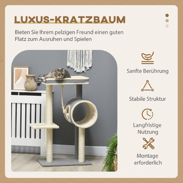 PawHut Cat Tree 104 см Cat Tree з котячою печерою, Кігтеточка для кішок з ігровим м'ячем, Cat Tree з 2 лежачими поверхнями, Лазіння по дереву для кішок до 5 кг, Меблі для кішок, Сизаль, Сірий | Аосом