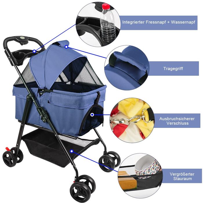 Візок для тварин та дітей Homewell 2в1, розкладний, з кошиком для зберігання та тримачем для напоїв, для собак та котів, блакитний