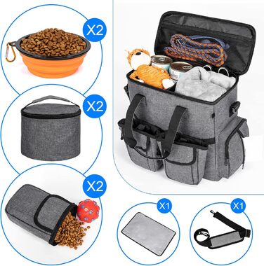 Сумка-переноска для собак Modoker, схвалена авіакомпаніями, органайзер для домашніх тварин з плечовим ременем, 2 контейнери для корму для собак, 2 складні миски для собак, темно-сірий