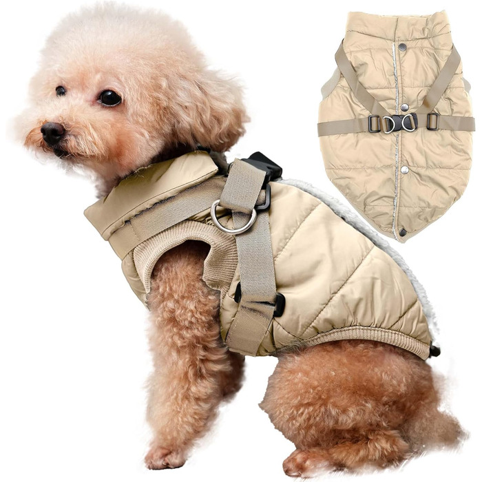 Тепла куртка для собак середнього розміру, XL, Khaki, з інтегрованим шлейкою, флісова підкладка, для зими, вітронепроникна