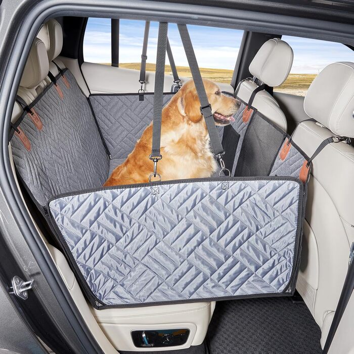 Задній сидіння для собак, жорсткий піддон (132x63,5 см), вантажопідйомність 40 кг, неслизька тканина Oxford для SUV/Kombi/Pick-up (Сірий, універсальний)