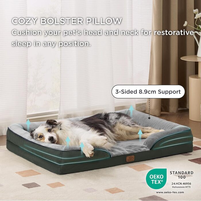 Ортопедичне ліжко для собак BEDSURE - 106x80 см. Зручне ліжко-софа для великих собак з м'яким пінопластом, миється, не слизьке, колір: зелений, розмір: 106 x 80 x 17 см