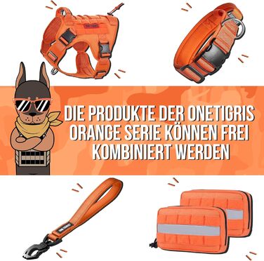 OneTigris тактична шлейка для собак FIRE Watcher, нейлонова 1000D, помаранчева, розмір L, з ручкою, 2 D-кільця, для службових собак, MOLLE система, без ривків