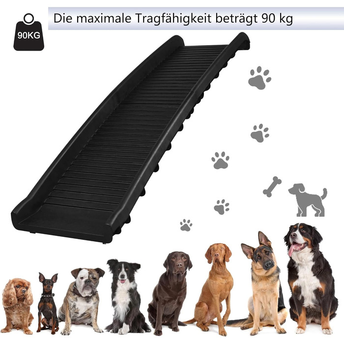 Рампа для собак Aufun: складана, чорна, до 90 кг, 156 x 40 см