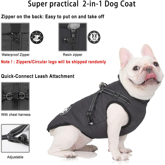Водонепроникний теплий жилет для собак Французького бульдога, жилет для собак з шлейкою, різні розміри, чорний (18 (обхват грудей 52~58см))
