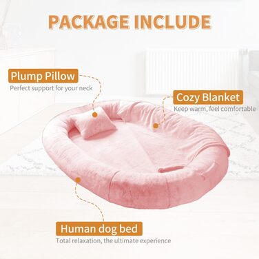 Ліжко для собак та людей NESTROAD, 180x114x35 см, рожеве. Зручне ліжко-мішок з штучним хутром, ковдрою та подушкою.