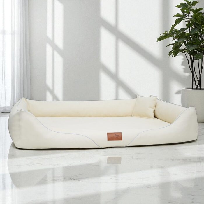 Ортопедичне ліжко для собак Tierlando® William Easy-Clean, розкішне ліжко-софа з екошкіри для алергіків з матрацом з Memory Foam, розмір: 90x75 см, колір: бежевий