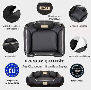 Крісло-ліжко для собак середніх порід King Dog: миється, з еко-шкіри, 75x65 см, з можливістю персоналізації (ім'я собаки), водонепроникний матеріал, силіконова наповнювач, чорний колір