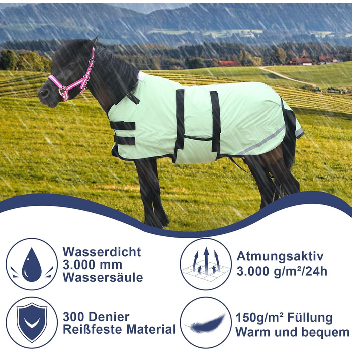 Gallopoff 300D Попона для поні/шетландського поні, 150 г/м², водонепроникна, дихаюча, зимова, міцна, для поні, лошат, міні- та карликових коней (зелена, 75-85 см)