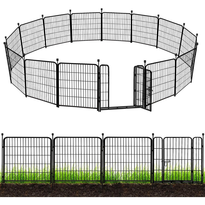 Захисний загін для саду ADAVIN з воротами, 61 см (В) × 3 м (Д), 4 панелі, чорний, міцний, металевий загін для тварин, для собак, кемпінгу, без копання, для внутрішнього та зовнішнього використання