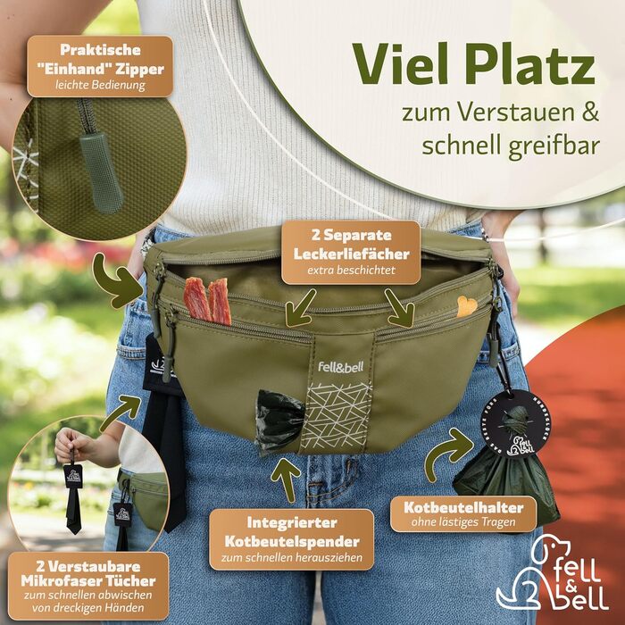 Сумка для ласощів для собак fell&bell - водонепроникна, з 2 відділеннями для снеків, 1,8 л основного відділення, кишеня для телефону та диспенсер для відходів | Сумка для годування собак, тренувань та цуценят (Оливковий)