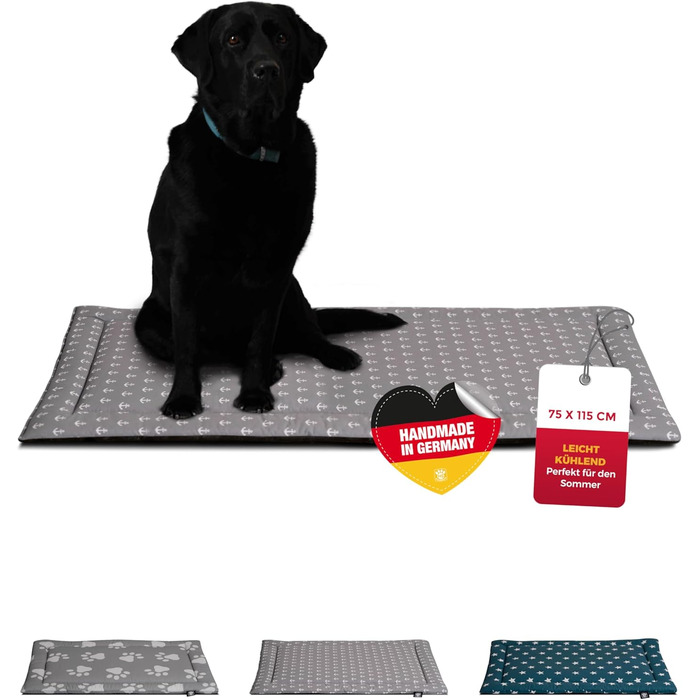 Літня подушка для собак HS-Hundebett® з бавовни з наповнювачем та антиковзким покриттям XS – М'яка подушка для собак на літо – Пральна та довговічна – Легка літня подушка для собак – Виготовлено в Німеччині (Сірий якорь, 75x115 см)