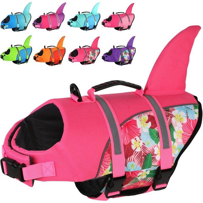 Жилет для плавання собак Doglay з принтом акули, рожевий, X-Small. Забезпечує плавучість та безпеку під час купання та катання на човні.