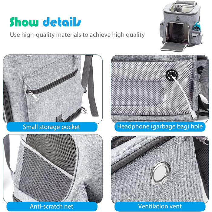 Рюкзак для собак і котів PETCUTE: складаний, з підкладкою, дихаючий, з регульованими ременями, сірий