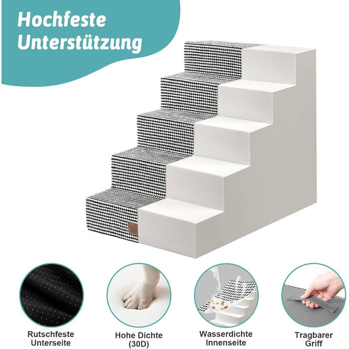 Сходинки для собак COZY KISS - пандус для тварин з нековзким покриттям. Підходять для маленьких собак та котів. Щільний пінопласт, для ліжка, дивана, авто (Чорний & Білий, 75x50x60cm, 5)