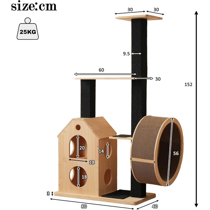 Кігтеточка для котів CareCooo 135 см з 12 стержнів, стабільна, з будиночком, сизаль, захист від перекидання, водонепроникна, для великих котів, коричнево-біла (Натуральний + Чорний + Дерево, XL)