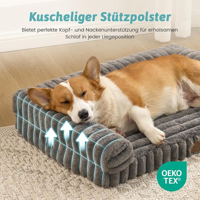 Ортопедичне собаче ліжко з штучного хутра, зручне диван для середніх собак, 76x50x15 см, дизайн з корду, знімний та пральний чохол, безпечне, водовідштовхувальне та нековзне, сірий колір