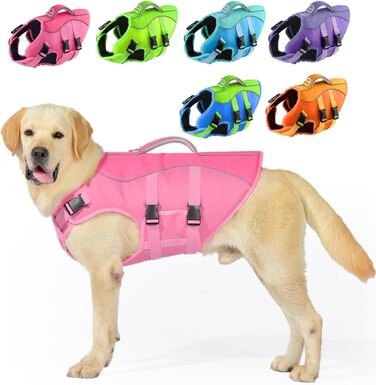 Жилет для плавання собак великий, безпечний жилет для собак, для плавання та катання на човнах, світловідбиваючий жилет для цуценят з надзвичайною плавучістю та ручкою для рятування, регульований, рожевий