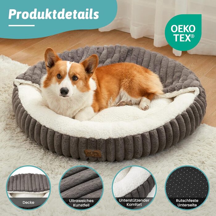 Кругле ліжко для собак COZY KISS з ковдрою, антистресове, для середніх та великих собак, м'яке, з штучним хутром та неслизьким дном (89x89x18 см, сірий)
