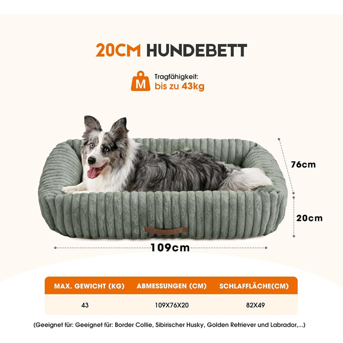 М'який лежак для собак, ортопедичний, великі породи, з підголовником, знімний, для собак XL, сірий (109x76x20 см)