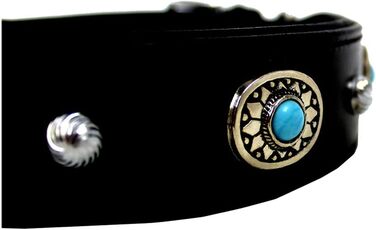 Нашийник для собак MICHUR Alonzo з натуральної шкіри, чорний, широкий, з синіми каменями та заклепками, різні розміри, обхват шиї 33-38 см