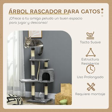 Котячий будиночок PawHut: когтеточка, кріплення для іграшок, платформа, печера, 116 см, сірий