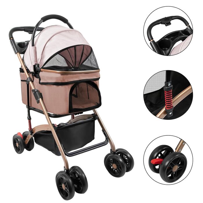 Дитяча коляска для собак та котів Homewell, складана, знімний кошик, сітчасті вікна, ремені на плече та тримач для напоїв, до 20 кг (хакі)