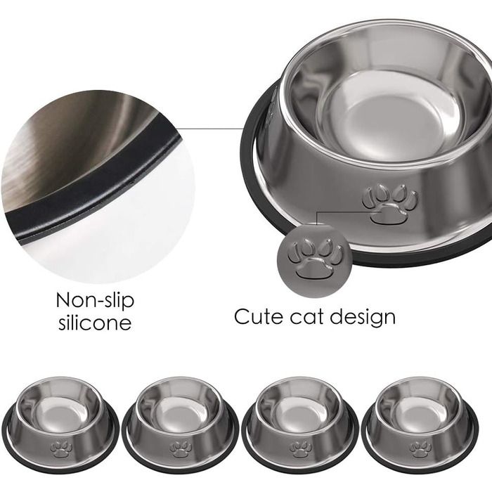 Набори мисок для котів з нержавіючої сталі, 3 шт. - для корму та води, з гумовим дном