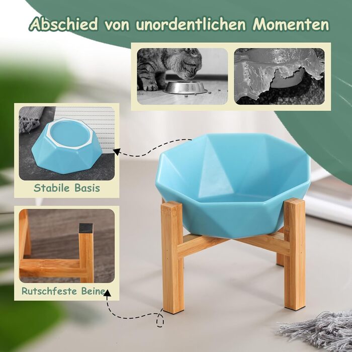 Керамічна годівниця для котів та собак на підставці, нахилена, зелена - 1 шт.