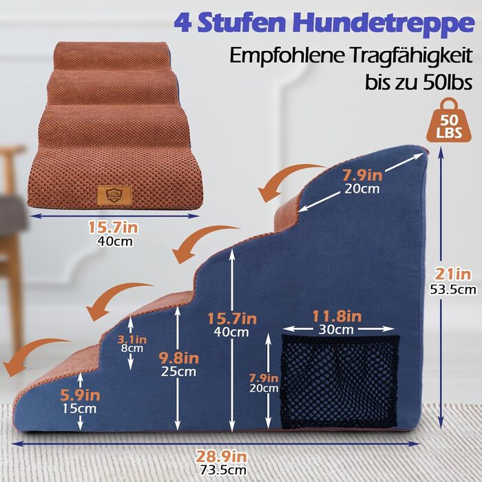 Сходинки для собак та котів: 4-ступенева переносна драбинка з високощільних матеріалів, коричнева