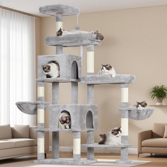 Дерев'яний комплекс для котів Hey-brother з розширеною частиною, широкими платформами, затишними печерами, гамаками, сизалевими стовпами та м'ячиком, 178 см, світло-сірий MPJ038W