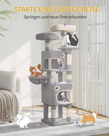 Драбина-кіготь Hzuaneri для котів, 159 см, 8 стовпчиків, 3 платформи, 2 хованки, кошик, плюшеві кульки, мотузка з сизалю, підходить для котів різних розмірів, сірий MS15918LG L (50 x 40 x 159 см)