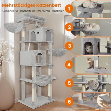 Котячий комплекс LEEJARD XXL: великий дерев'яний будиночок для котів з платформами, стійками для шліфування, будиночком, гамаком, іграшками та захистом від перекидання (180 см, світло-сірий)