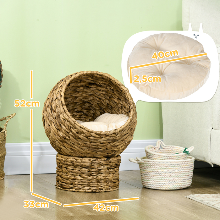 PawHut Rattan Cat Basket Ліжко для кішок з подушкою 42x33x52см з водного гіацинта, зручне & світло-коричневе для кішок