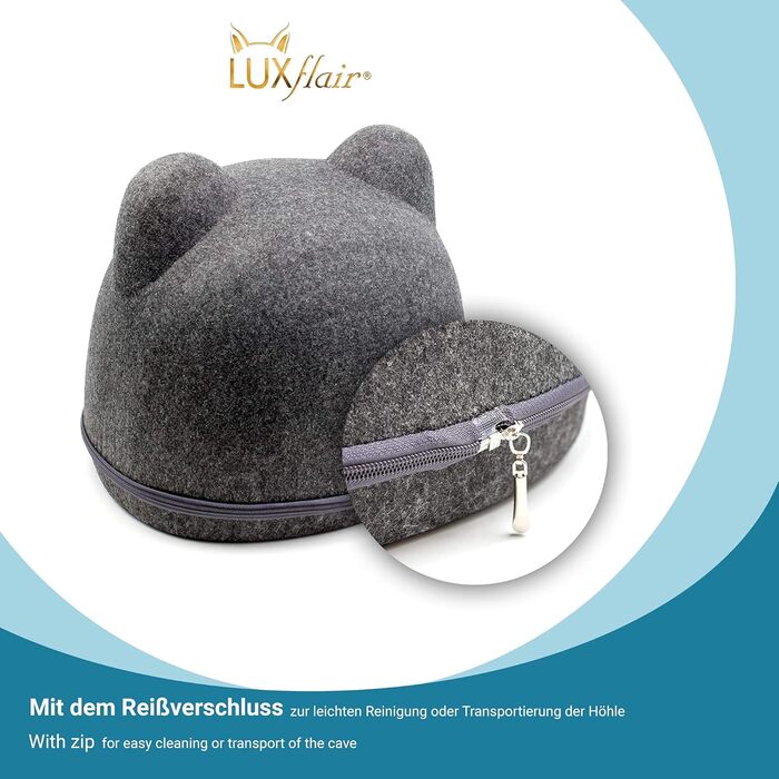 Luxflair Стабільний фетровий будиночок для котів з вушками, 38x42x36 см, темно-сірий, з подушкою, для котів і малих собак, праний