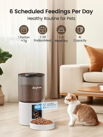 Автоматичний годівниця для котів та собак Anykuu 4L з таймером та контролем порцій. Автоматичний диспенсер для сухого корму з функцією запису (10с) для маленьких та середніх тварин, білий