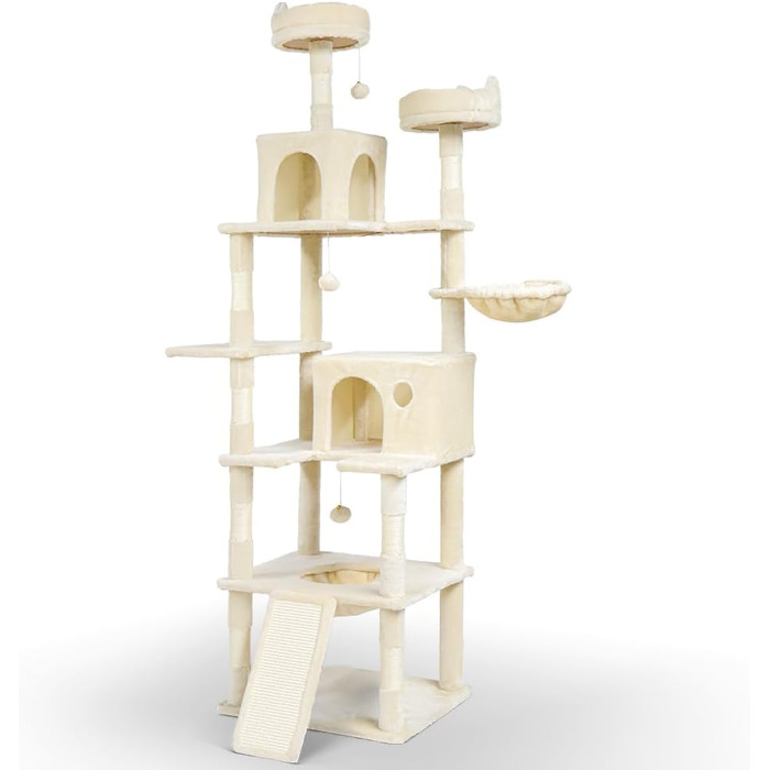 Двоповерховий котячий будиночок Vounot XXL (215 см), котячий комплекс з гамаком, корзиною та шматочками для дряпання, сірий та бежевий